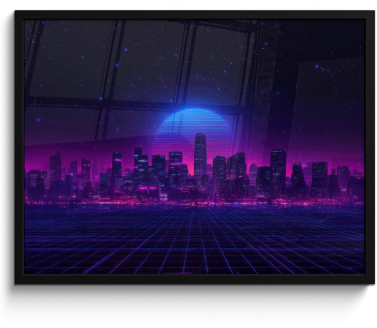 FrameYourWall Poster in lijst - Fotolijst 80x60 cm - Posters - Skyline - Zon - Neon - Rasterpatroon - Posterlijst zwart - Decoratie - Wanddecoratie woonkamer - Muurdecoratie slaapkamer Stad - Sterrenhemel - Neon