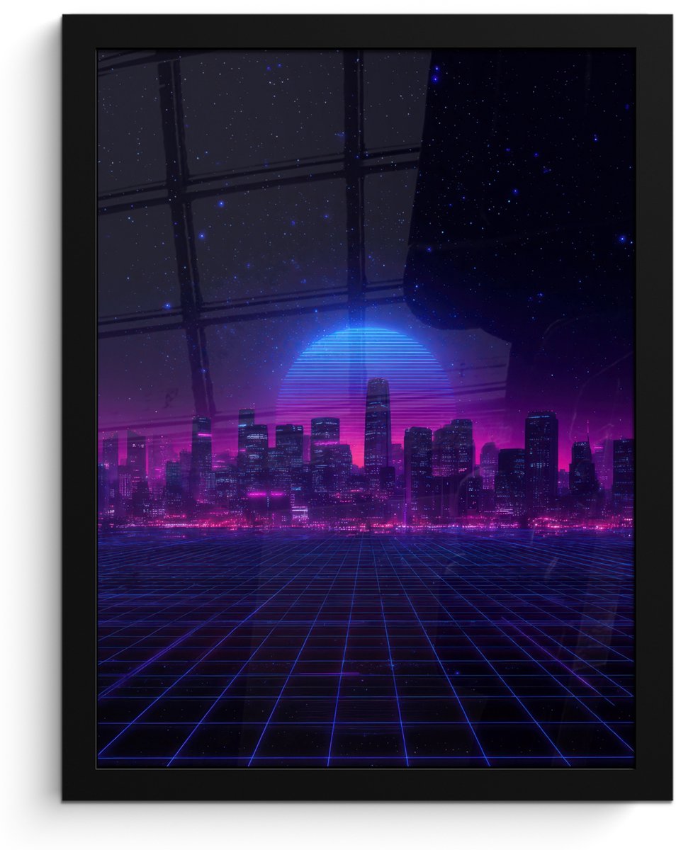 FrameYourWall Poster in lijst - Fotolijst 30x40 cm - Posters - Skyline - Zon - Neon - Rasterpatroon - Posterlijst zwart - Decoratie - Wanddecoratie woonkamer - Muurdecoratie slaapkamer Stad - Sterrenhemel - Neon