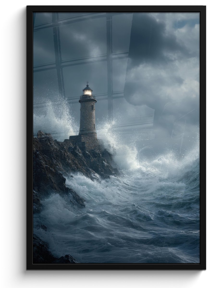FrameYourWall Poster in lijst - Fotolijst 60x90 cm - Posters - Rotsen - Vuurtoren - Golven - Klliffen - Posterlijst zwart - Decoratie - Wanddecoratie woonkamer - Muurdecoratie slaapkamer Rotsen - Golven - Vuurtoren