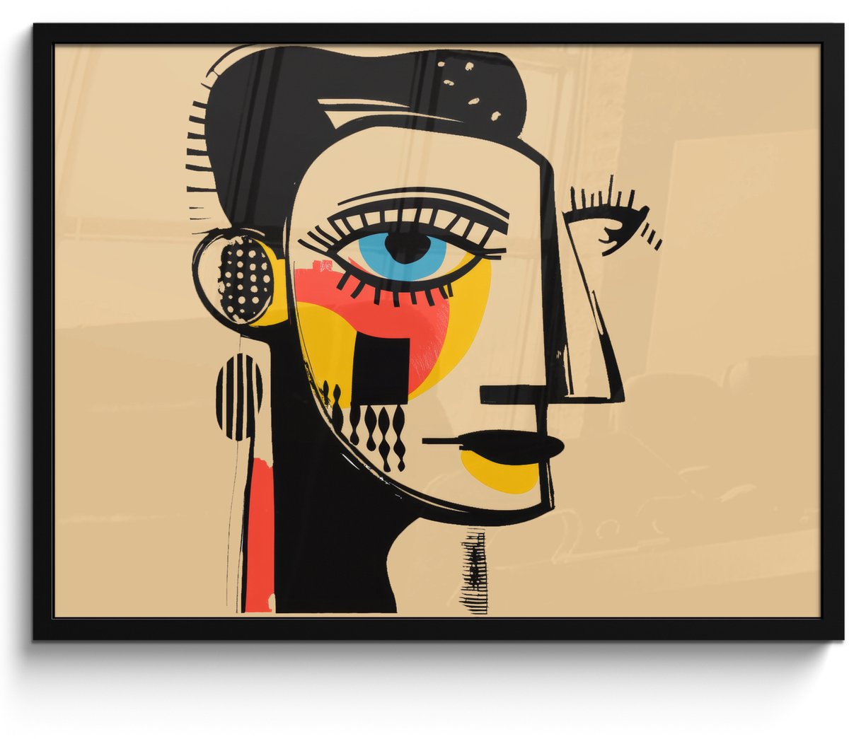 FrameYourWall Poster in lijst - Fotolijst 80x60 cm - Posters - Geometrisch - Felle kleuren - Kubistische stijl - Posterlijst zwart - Decoratie - Wanddecoratie woonkamer - Muurdecoratie slaapkamer Gezicht - Kunst
