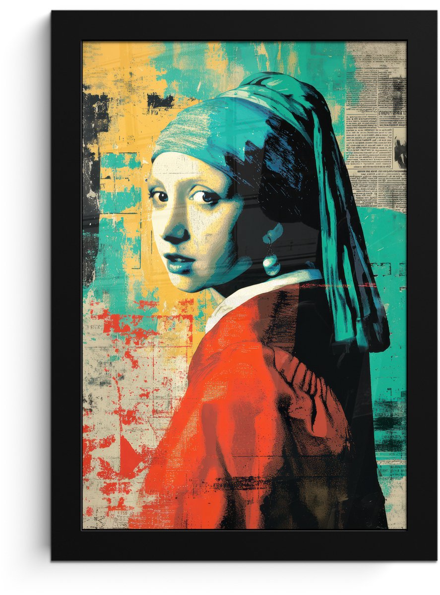 FrameYourWall Poster in lijst - Fotolijst 20x30 cm - Posters - Klassiek - Pareloorbel - Streetartstijl - Kleurrijk - Posterlijst zwart - Decoratie - Wanddecoratie woonkamer - Muurdecoratie slaapkamer Vrouw - Klassiek - Pareloorbel