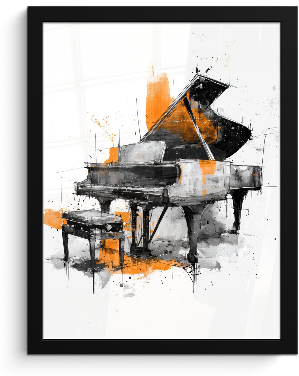 FrameYourWall Poster in lijst - Fotolijst 30x40 cm - Posters - Piano - Oranje - Zwart - schets lijnen - Posterlijst zwart - Decoratie - Wanddecoratie woonkamer - Muurdecoratie slaapkamer