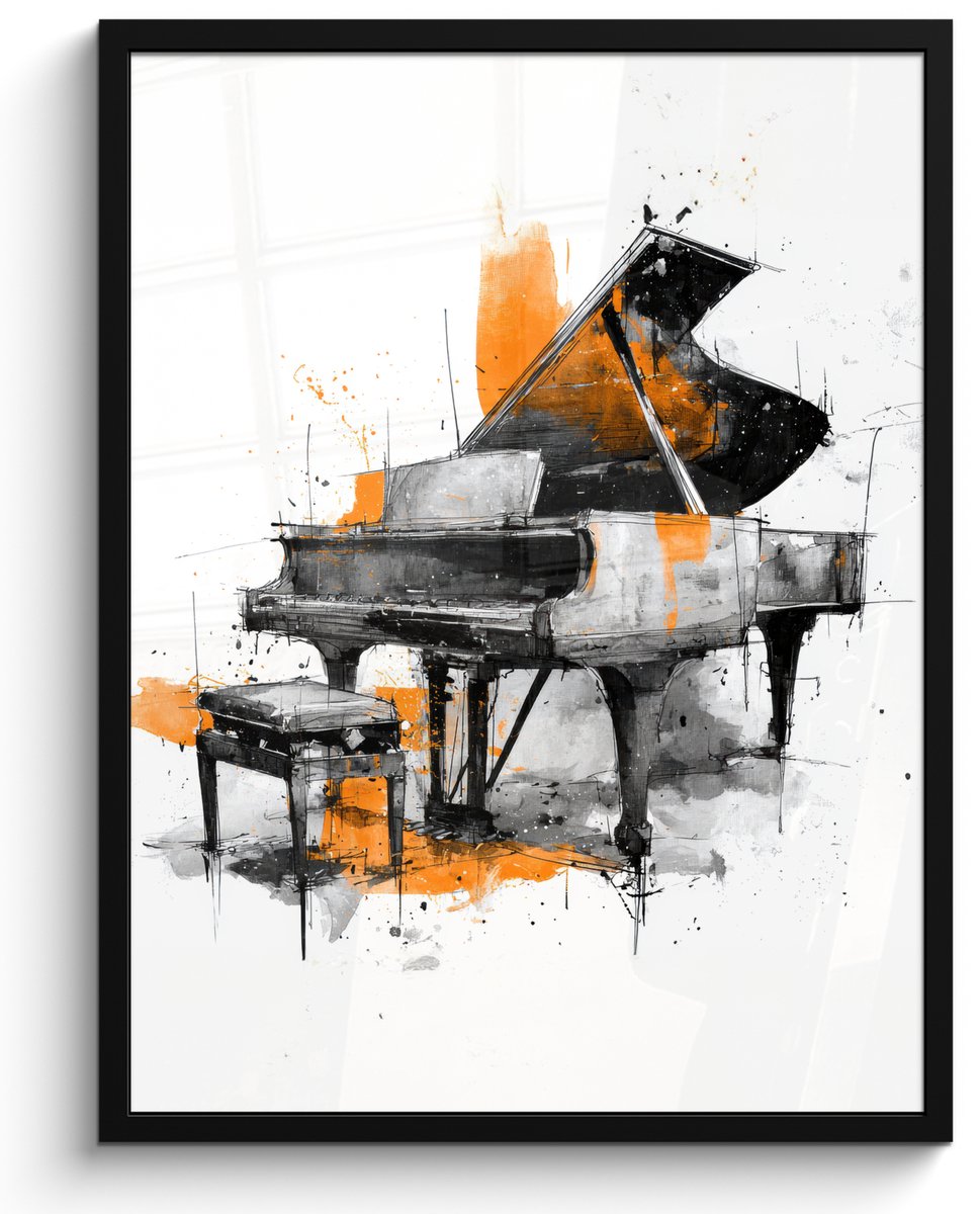 FrameYourWall Poster in lijst - Fotolijst 60x80 cm - Posters - Piano - Oranje - Zwart - schets lijnen - Posterlijst zwart - Decoratie - Wanddecoratie woonkamer - Muurdecoratie slaapkamer