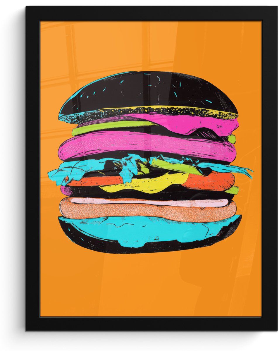 FrameYourWall Poster in lijst - Fotolijst 30x40 cm - Posters - Hamburger - Kleurrijk - Speels - Posterlijst zwart - Decoratie - Wanddecoratie woonkamer - Muurdecoratie slaapkamer