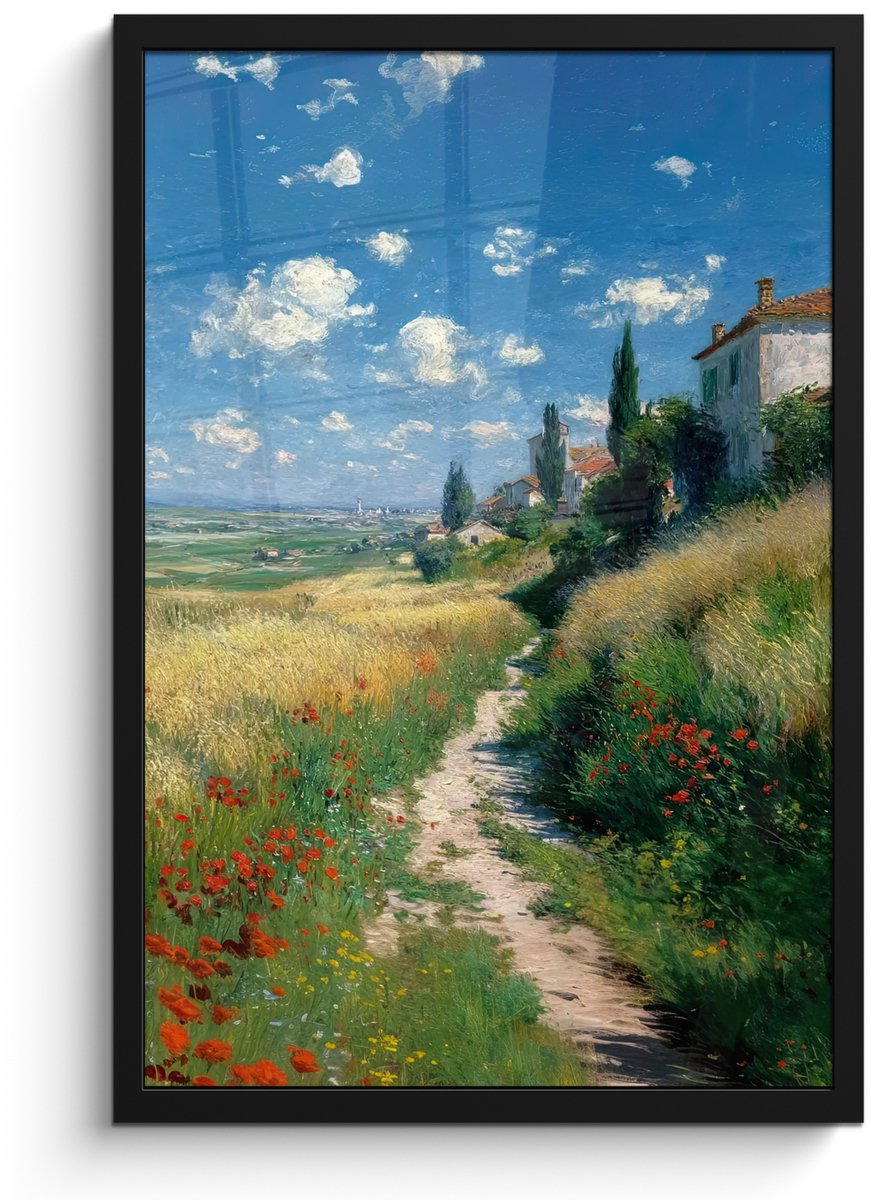 FrameYourWall Poster in lijst - Fotolijst 40x60 cm - Posters - Zandpad - Huis - Bomen - Grasveld - Posterlijst zwart - Decoratie - Wanddecoratie woonkamer - Muurdecoratie slaapkamer