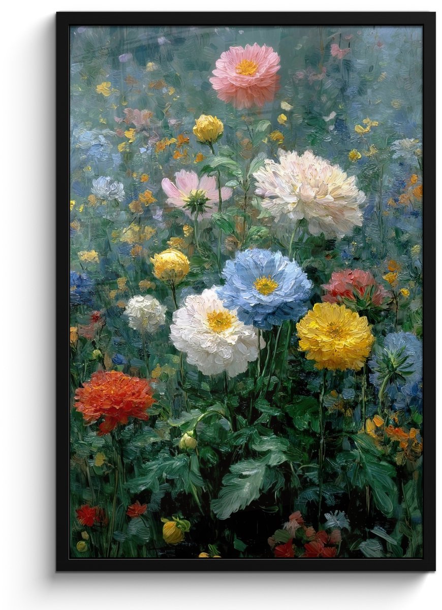 FrameYourWall Poster in lijst - Fotolijst 60x90 cm - Posters - Close-up - Veld - Bloemen - Kleurrijk - Posterlijst zwart - Decoratie - Wanddecoratie woonkamer - Muurdecoratie slaapkamer