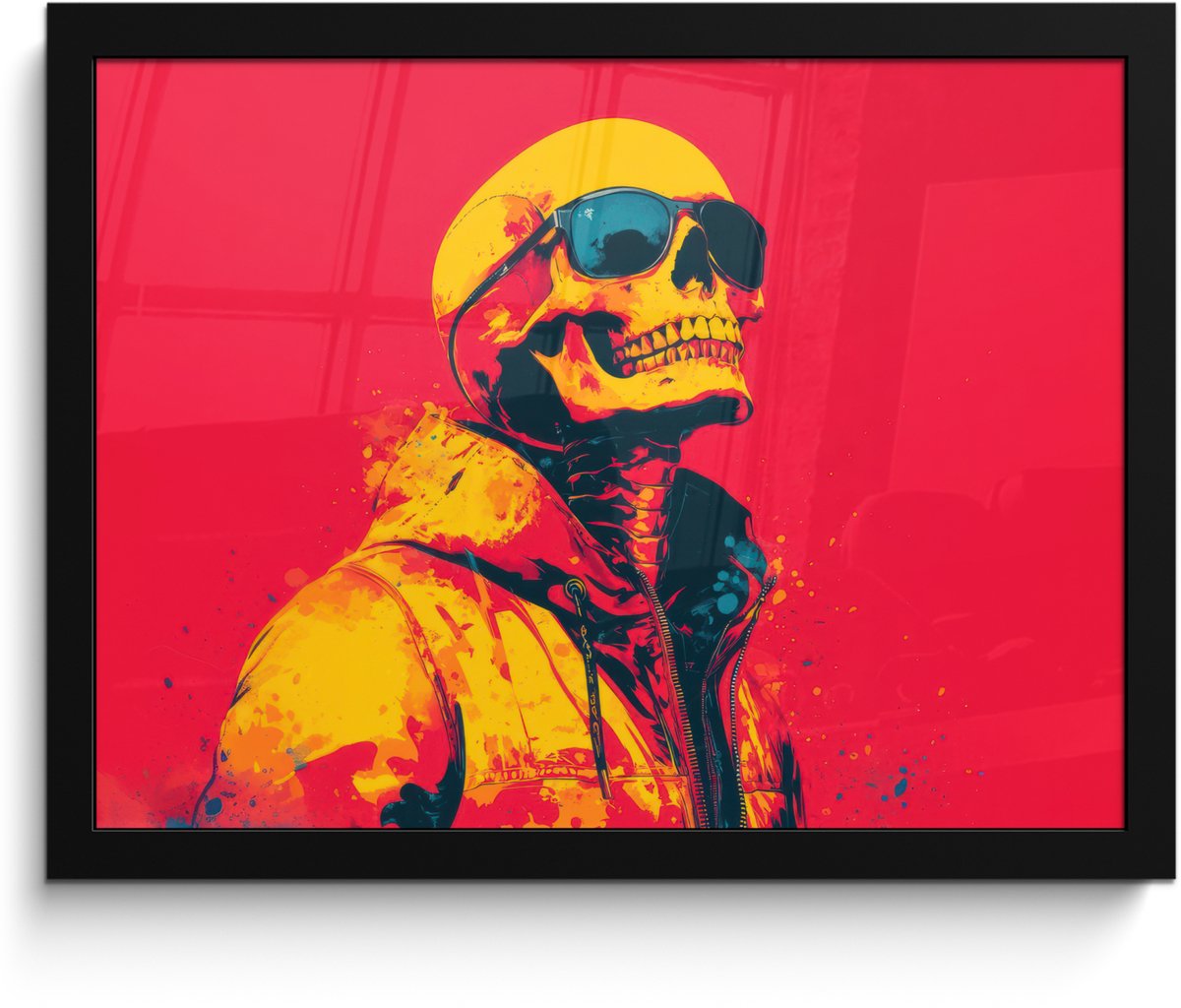 FrameYourWall Poster in lijst - Fotolijst 40x30 cm - Posters - Zonnebril - Schedel - Jas - Rood - Posterlijst zwart - Decoratie - Wanddecoratie woonkamer - Muurdecoratie slaapkamer Schedel - Zonnebril