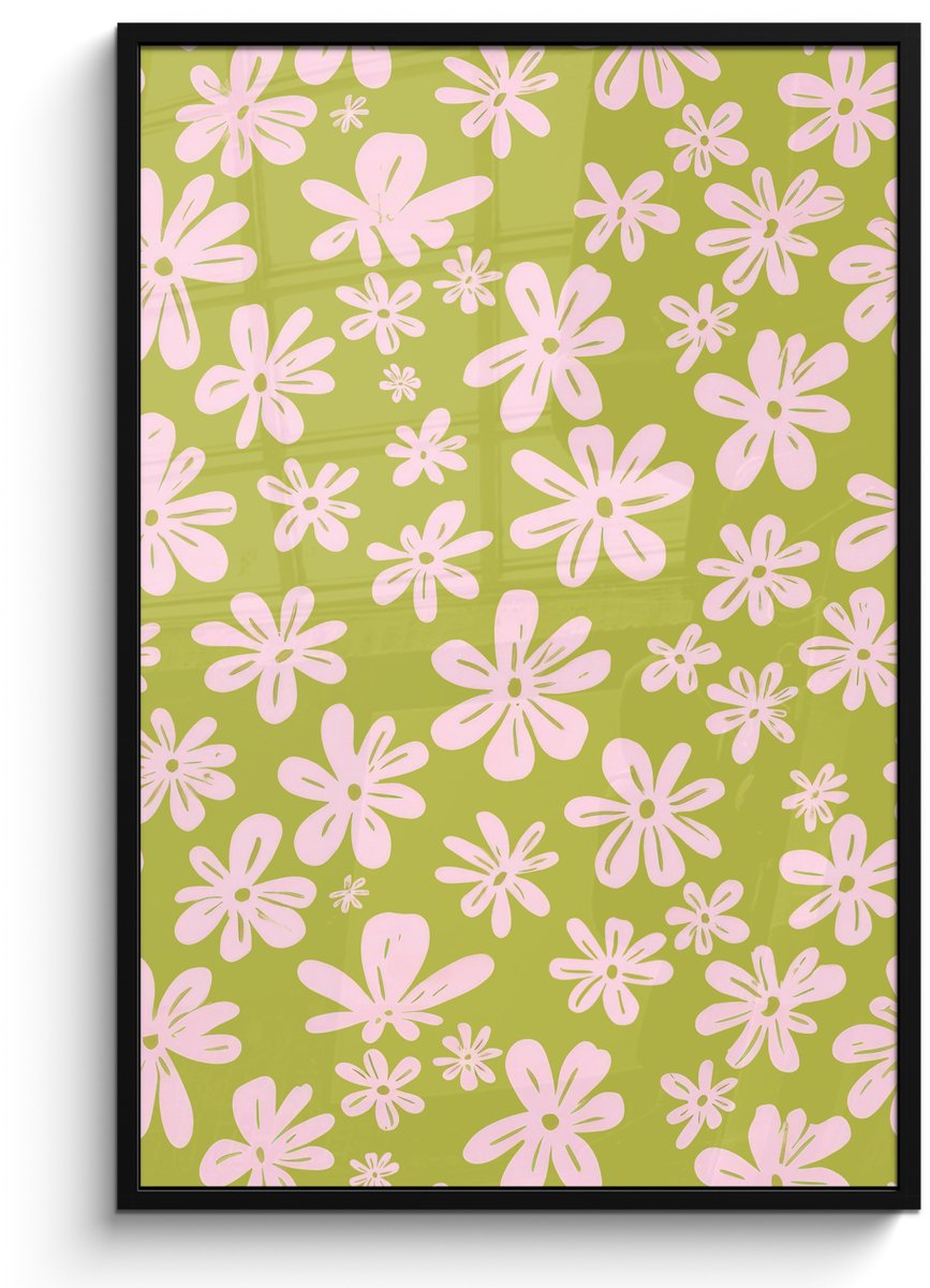 FrameYourWall Poster in lijst - Fotolijst 80x120 cm - Posters - Bloemen - Roze - Getekend - Patroon - Posterlijst zwart - Decoratie - Wanddecoratie woonkamer - Muurdecoratie slaapkamer Bloemen - Patroon