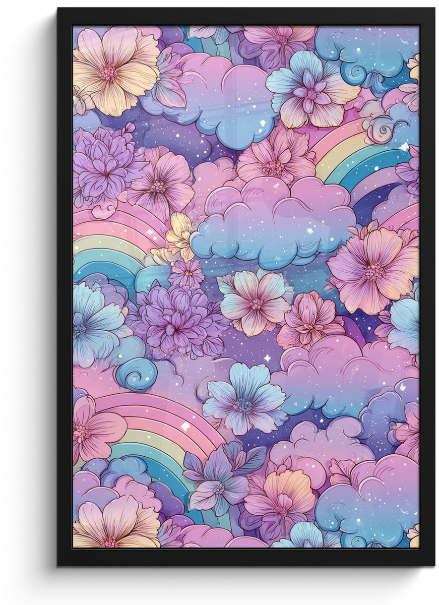 FrameYourWall Poster in lijst - Fotolijst 40x60 cm - Posters - Regenbogen - Bloemen - Kleurrijk - Wolken - Posterlijst zwart - Decoratie - Wanddecoratie woonkamer - Muurdecoratie slaapkamer