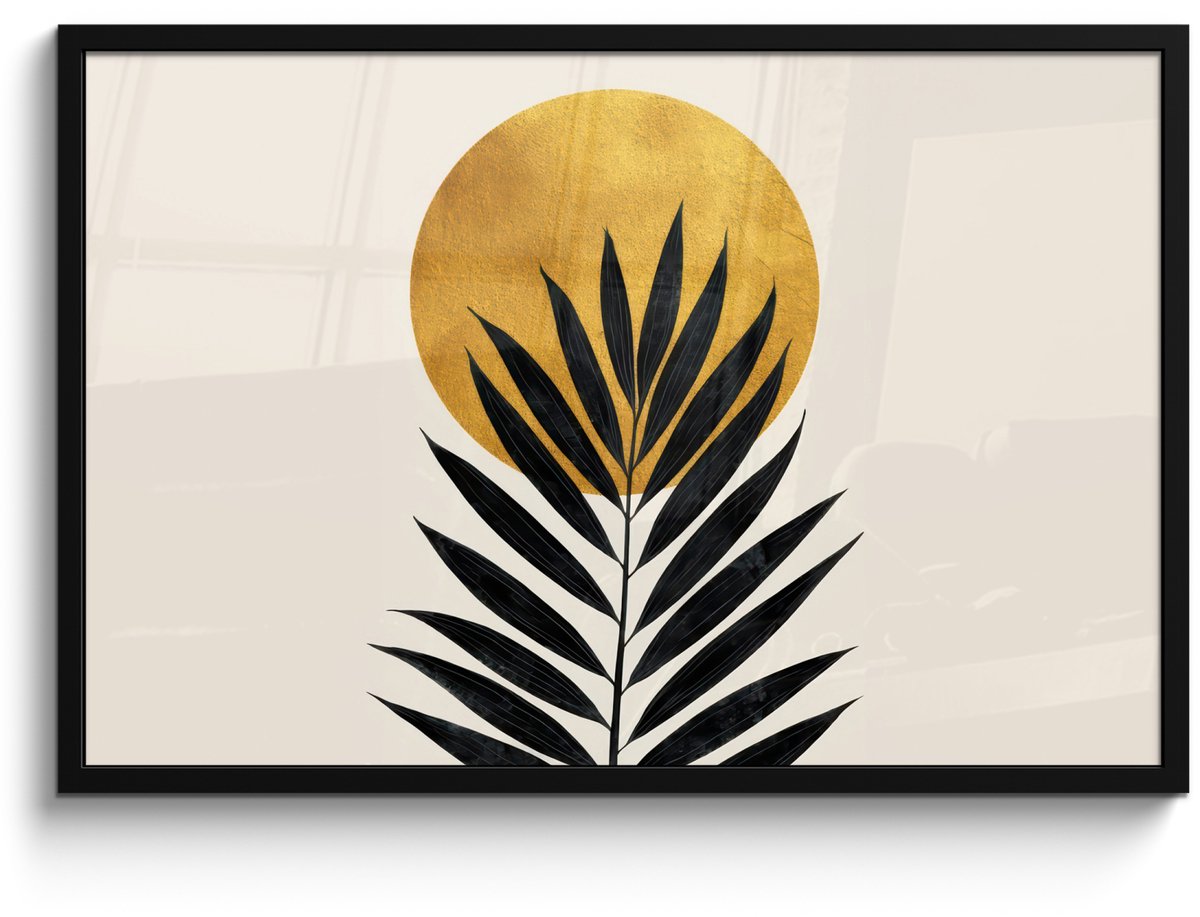 FrameYourWall Poster in lijst - Fotolijst 90x60 cm - Posters - Zwart palmblad - Gouden cirkel - Beige achtergrond - Posterlijst zwart - Decoratie - Wanddecoratie woonkamer - Muurdecoratie slaapkamer Palmblad - Cirkel