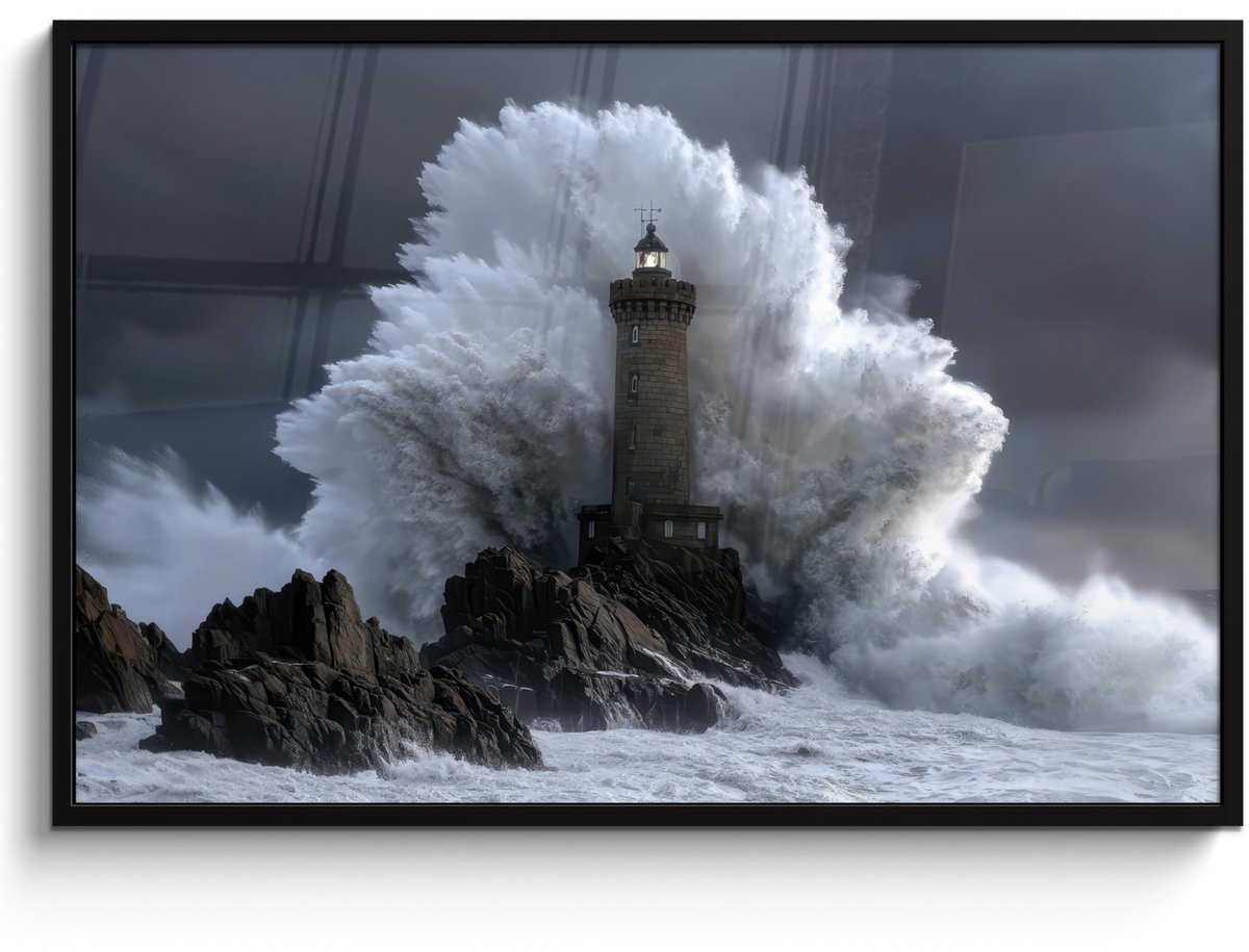 FrameYourWall Poster in lijst - Fotolijst 120x80 cm - Posters - Golf - Vuurtoren - Schuimend water - Posterlijst zwart - Decoratie - Wanddecoratie woonkamer - Muurdecoratie slaapkamer
