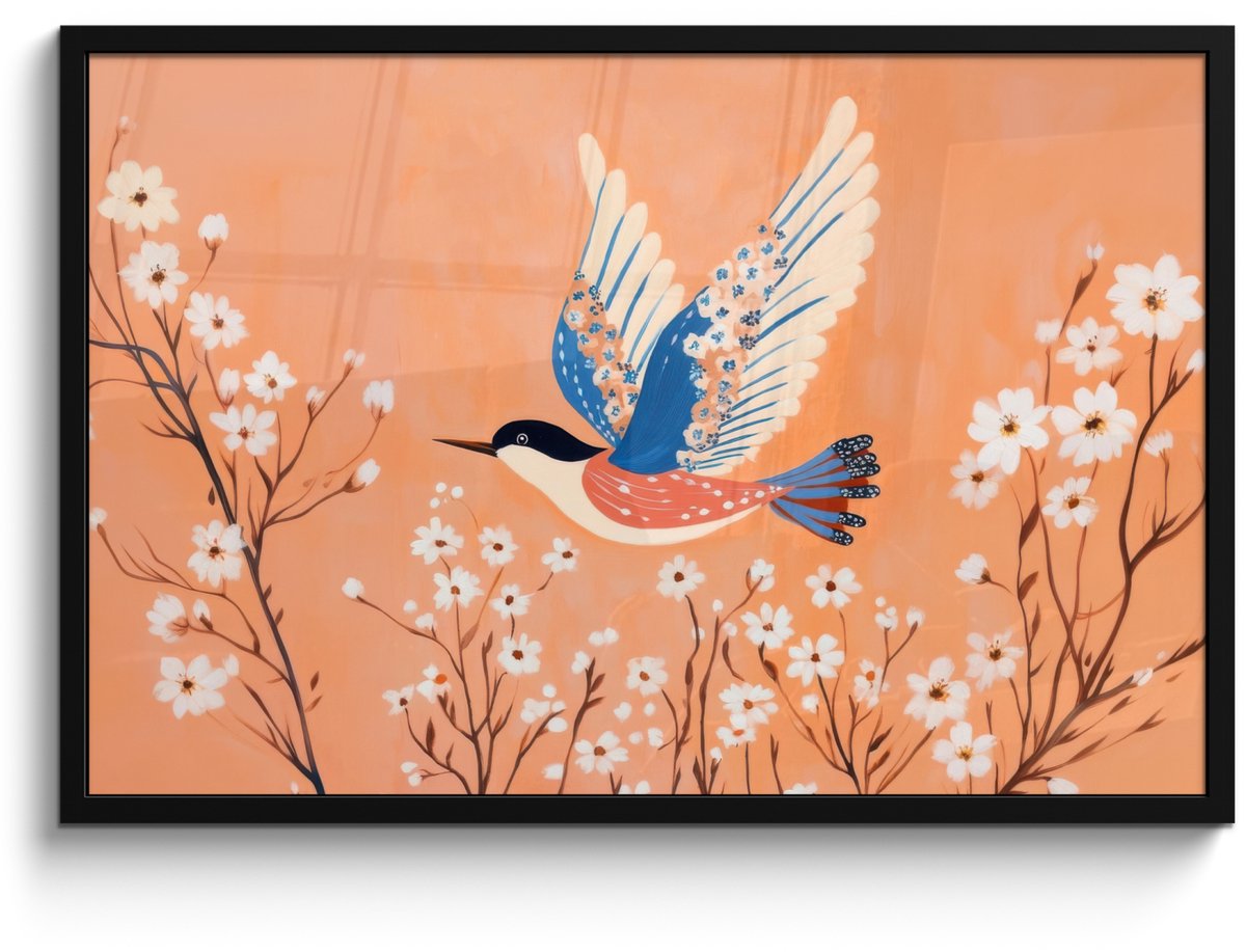 FrameYourWall Poster in lijst - Fotolijst 90x60 cm - Posters - Vogel - Bloesemtakken - Warm - Kleurrijk - Posterlijst zwart - Decoratie - Wanddecoratie woonkamer - Muurdecoratie slaapkamer