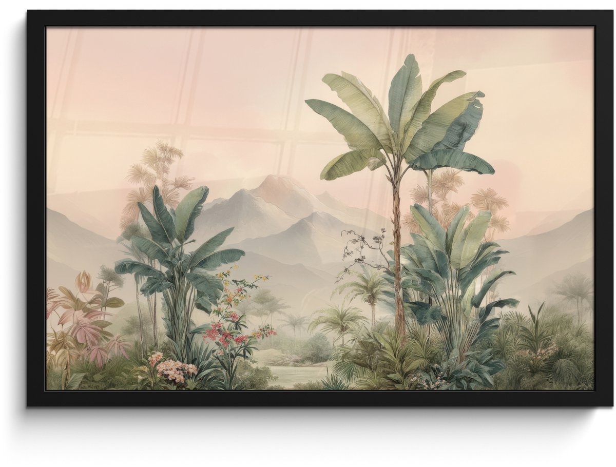 FrameYourWall Poster in lijst - Fotolijst 60x40 cm - Posters - Tropisch landschap - palmbomen - Bloemen - Roze lucht - Posterlijst zwart - Decoratie - Wanddecoratie woonkamer - Muurdecoratie slaapkamer Tropisch - Landschap