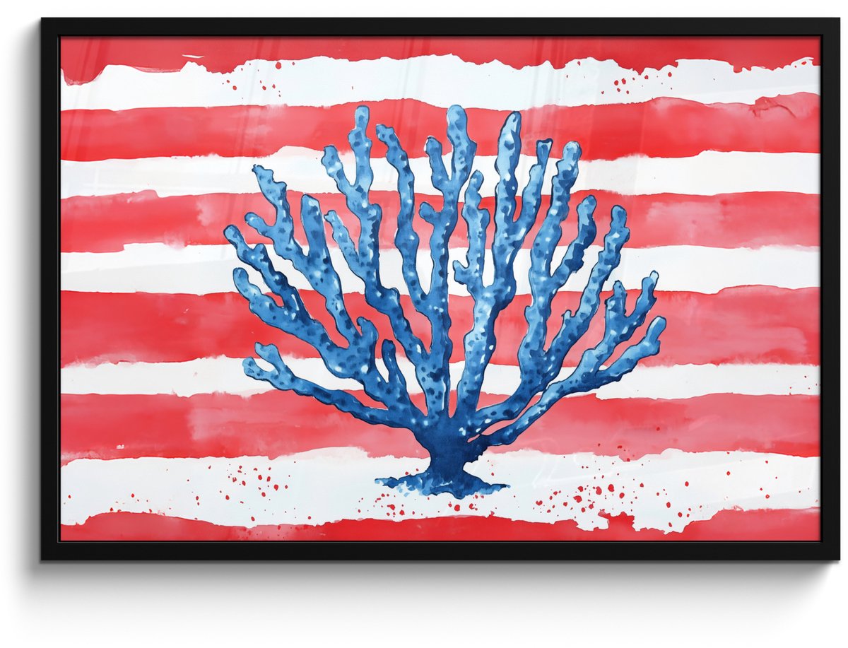 FrameYourWall Poster in lijst - Fotolijst 90x60 cm - Posters - Koraal - Verfstructuur - Rood - Blauw - Posterlijst zwart - Decoratie - Wanddecoratie woonkamer - Muurdecoratie slaapkamer Koraal - Strepen