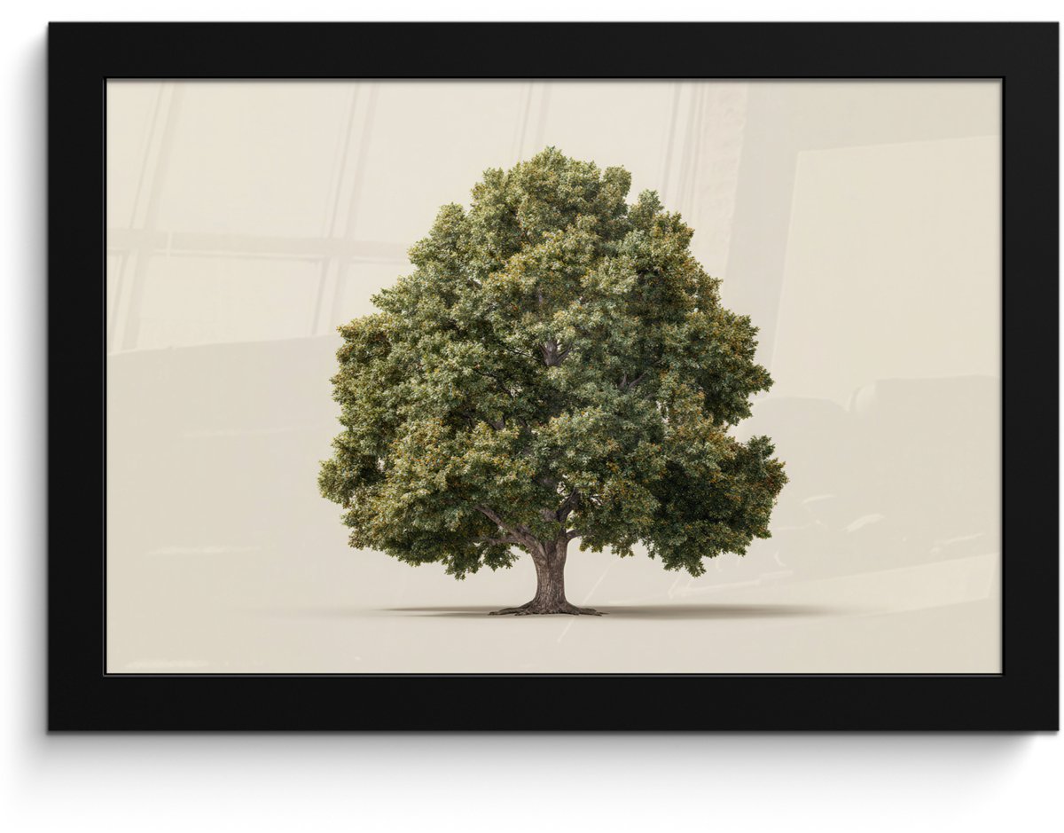 FrameYourWall Poster in lijst - Fotolijst 30x20 cm - Posters - Eikenboom - Groen - Lichte achtergrond - Posterlijst zwart - Decoratie - Wanddecoratie woonkamer - Muurdecoratie slaapkamer