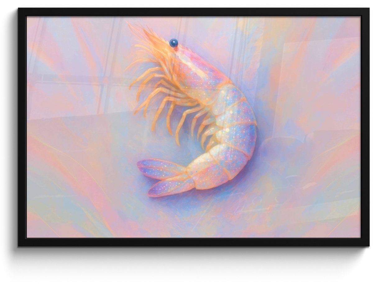 FrameYourWall Poster in lijst - Fotolijst 90x60 cm - Posters - Garnaal - Subtiele structuur - Blauw - Roze - Posterlijst zwart - Decoratie - Wanddecoratie woonkamer - Muurdecoratie slaapkamer