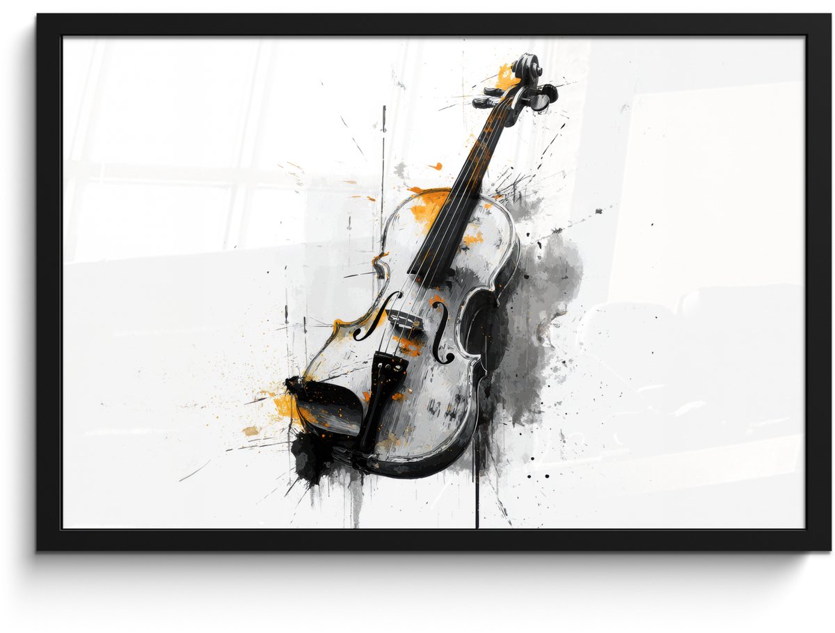 FrameYourWall Poster in lijst - Fotolijst 60x40 cm - Posters - Viool - Oranje - Zwart - Penseelstreken - Posterlijst zwart - Decoratie - Wanddecoratie woonkamer - Muurdecoratie slaapkamer