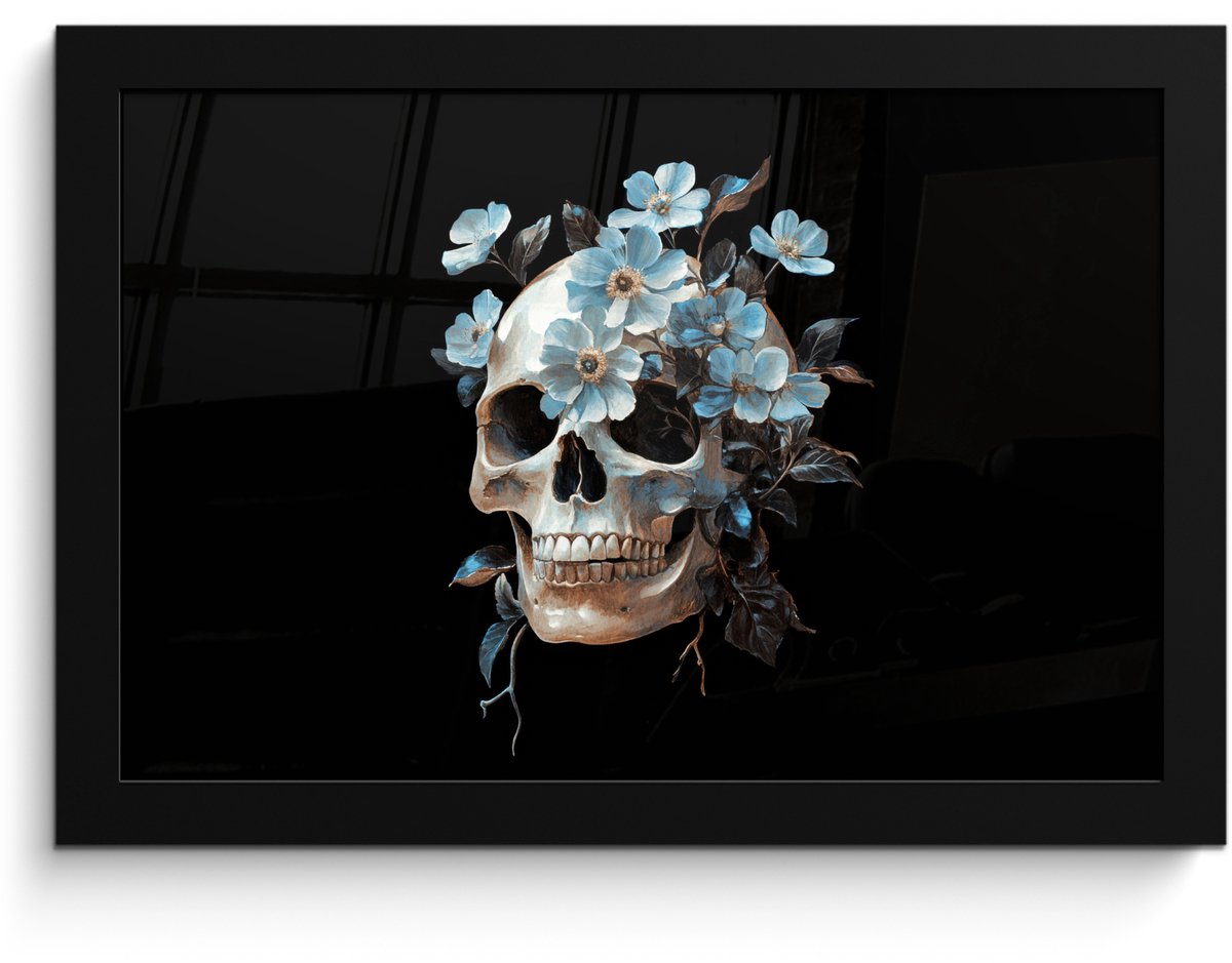 FrameYourWall Poster in lijst - Fotolijst 30x20 cm - Posters - Schedel - Blauw - Bloemen - Bladeren - Posterlijst zwart - Decoratie - Wanddecoratie woonkamer - Muurdecoratie slaapkamer