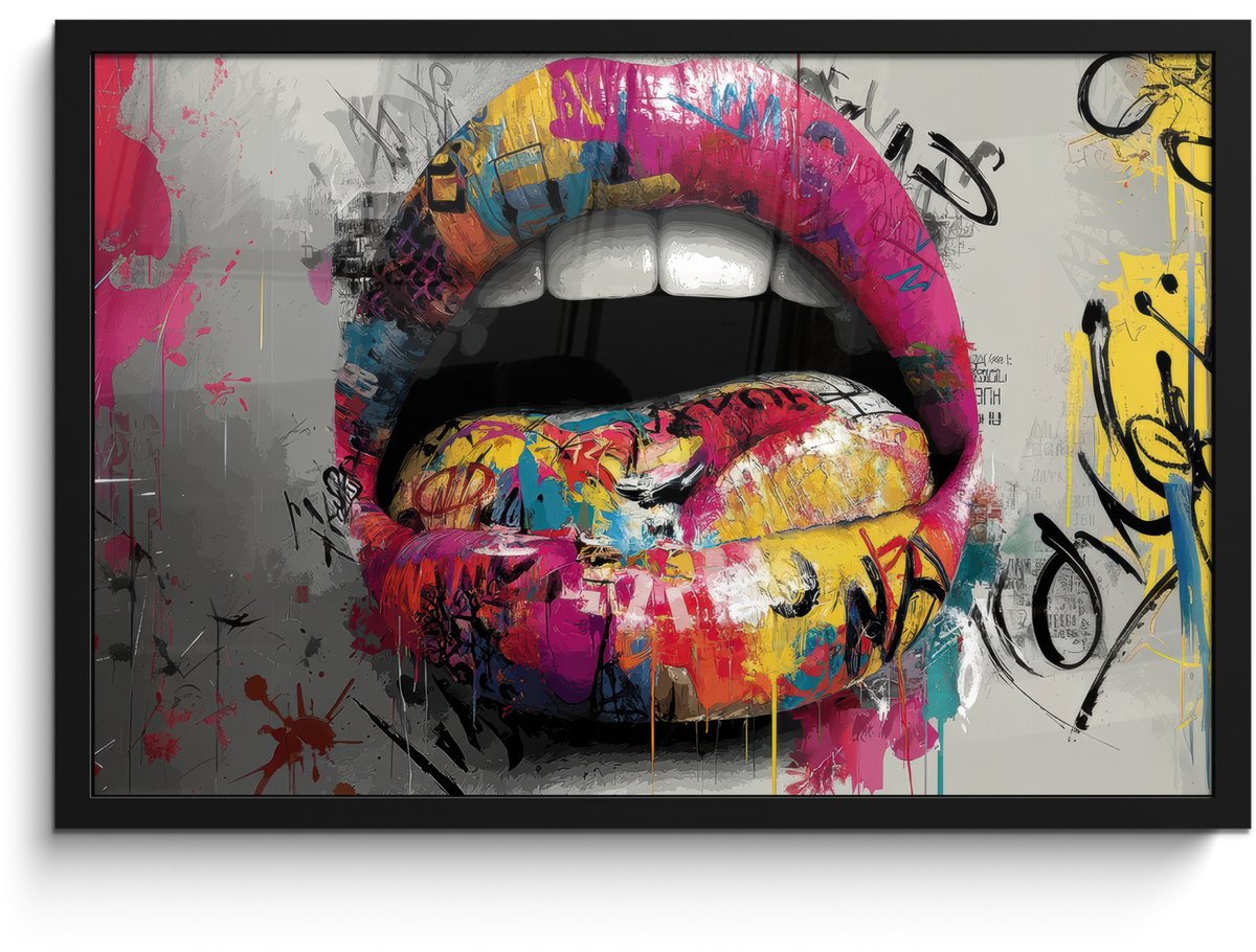 FrameYourWall Poster in lijst - Fotolijst 60x40 cm - Posters - Lippen - Graffiti - Expressief - Posterlijst zwart - Decoratie - Wanddecoratie woonkamer - Muurdecoratie slaapkamer