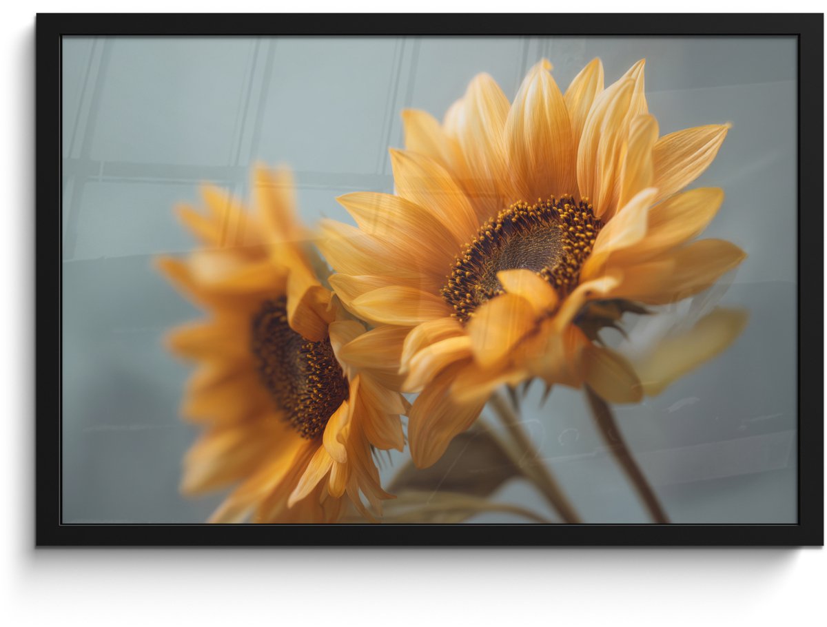 FrameYourWall Poster in lijst - Fotolijst 60x40 cm - Posters - Zonnebloemen - Geel - Wazig - Posterlijst zwart - Decoratie - Wanddecoratie woonkamer - Muurdecoratie slaapkamer