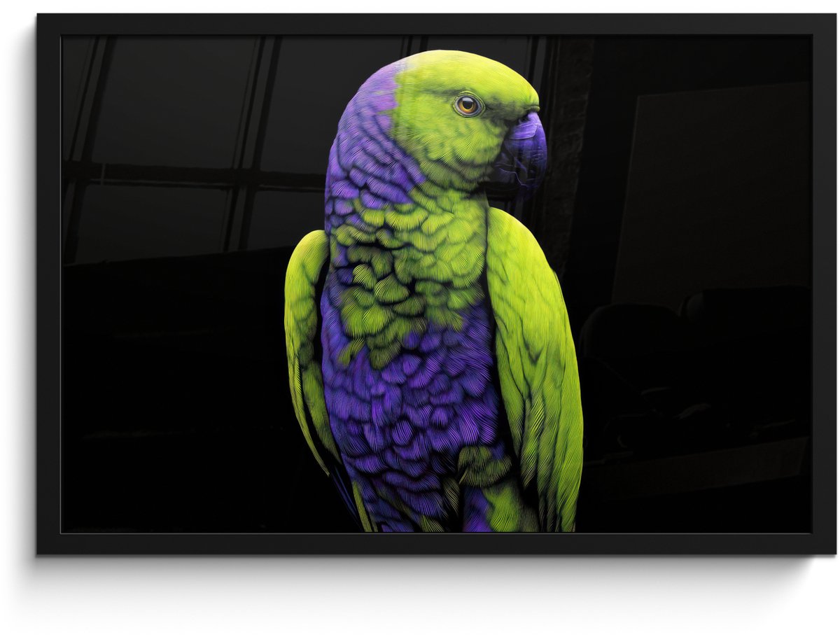 FrameYourWall Poster in lijst - Fotolijst 60x40 cm - Posters - Papegaai - Veren - Opvallend - Groen - Posterlijst zwart - Decoratie - Wanddecoratie woonkamer - Muurdecoratie slaapkamer