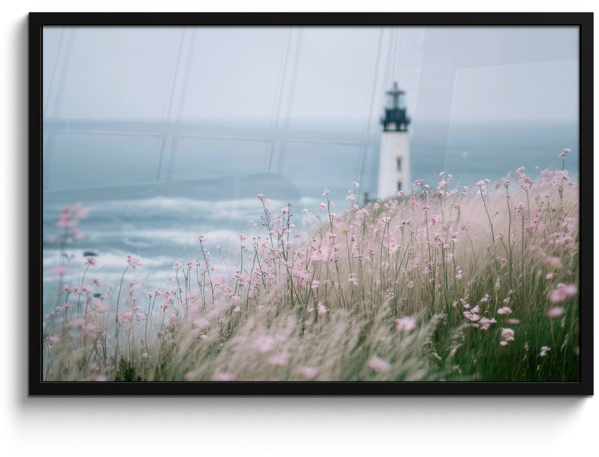 FrameYourWall Poster in lijst - Fotolijst 90x60 cm - Posters - Vuurtoren - Klif - Zee - Bloemen - Posterlijst zwart - Decoratie - Wanddecoratie woonkamer - Muurdecoratie slaapkamer Vuurtoren - Zee - Bloemen