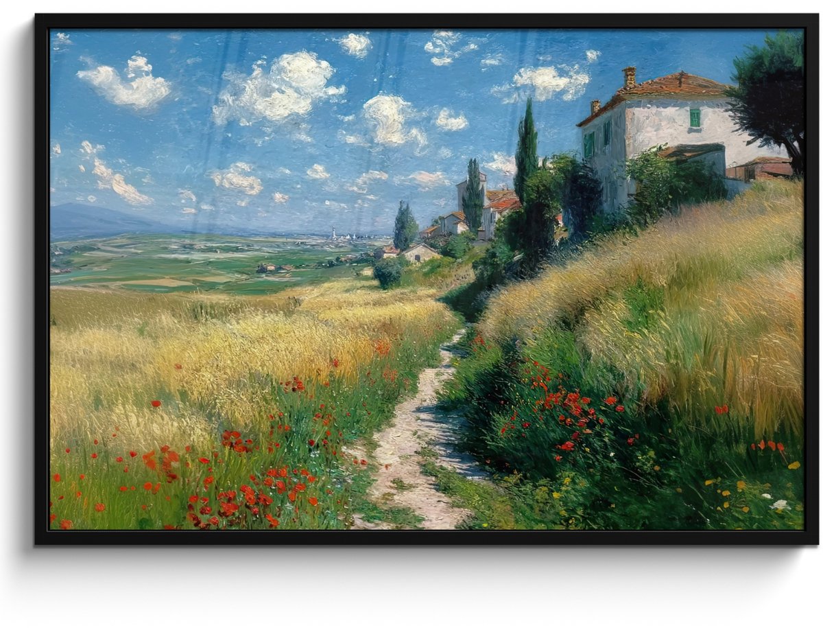 FrameYourWall Poster in lijst - Fotolijst 120x80 cm - Posters - Zandpad - Huis - Bomen - Grasveld - Posterlijst zwart - Decoratie - Wanddecoratie woonkamer - Muurdecoratie slaapkamer
