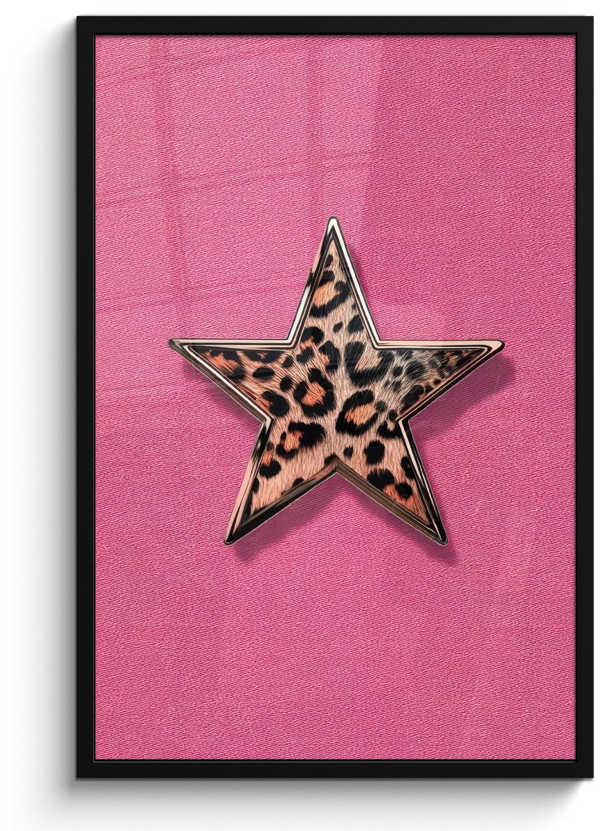 FrameYourWall Poster in lijst - Fotolijst 60x90 cm - Posters - Ster - Luipaard - Print - Roze - Posterlijst zwart - Decoratie - Wanddecoratie woonkamer - Muurdecoratie slaapkamer