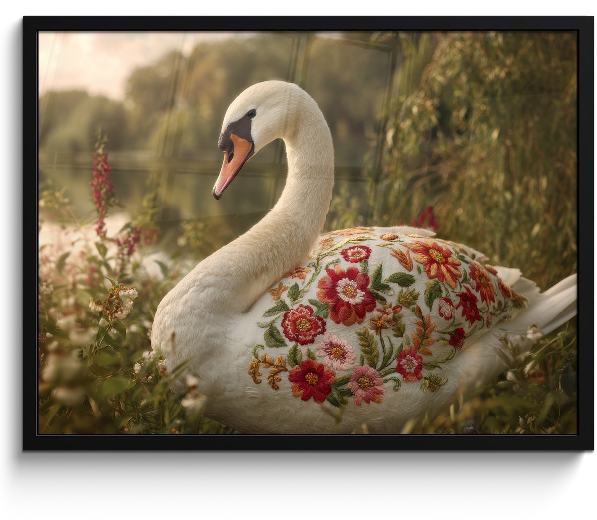 FrameYourWall Poster in lijst - Fotolijst 80x60 cm - Posters - Zwaan - Bloemen - Natuur - Posterlijst zwart - Decoratie - Wanddecoratie woonkamer - Muurdecoratie slaapkamer