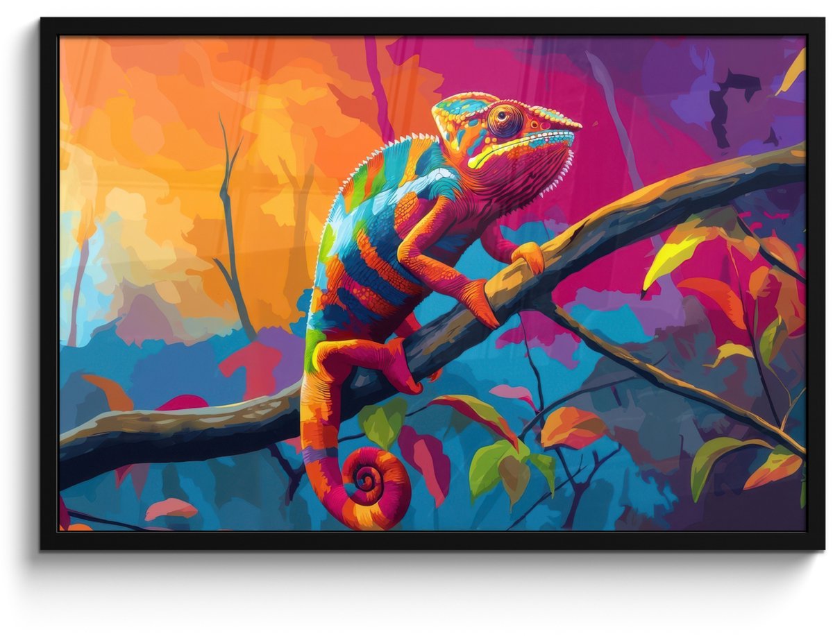 FrameYourWall Poster in lijst - Fotolijst 90x60 cm - Posters - Kameleon - Tak - Gestreept - Bladeren - Posterlijst zwart - Decoratie - Wanddecoratie woonkamer - Muurdecoratie slaapkamer Kameleon - Kleurrijk