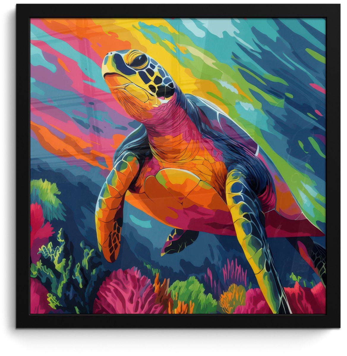 FrameYourWall Poster in lijst - Fotolijst 40x40 cm - Posters - Koraal - Schildpad - Abstract - Water - Posterlijst zwart - Decoratie - Wanddecoratie woonkamer - Muurdecoratie slaapkamer Schildpad - Kleurrijk