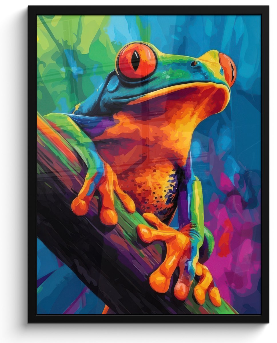 FrameYourWall Poster in lijst - Fotolijst 60x80 cm - Posters - Kikker - Felgekleurd - Tak - Regenboog - Posterlijst zwart - Decoratie - Wanddecoratie woonkamer - Muurdecoratie slaapkamer Kikker - Kleurrijk