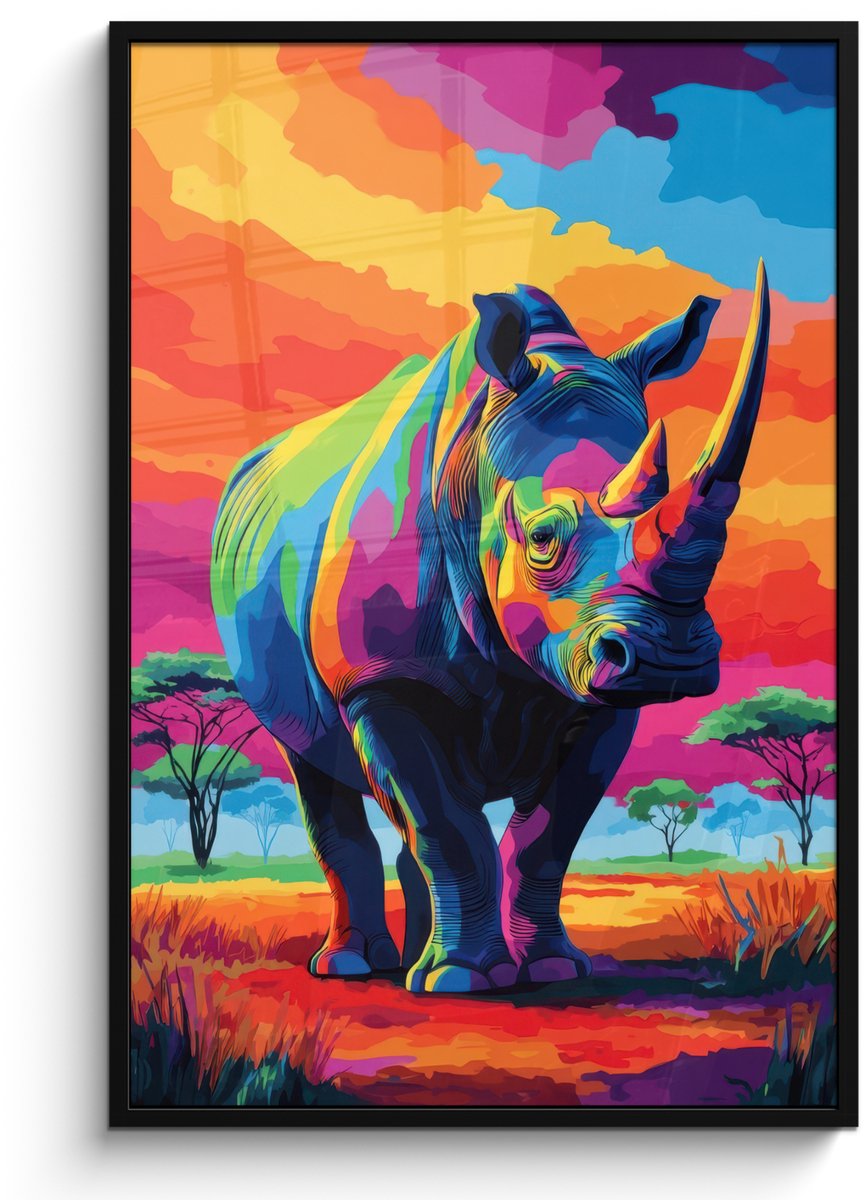 FrameYourWall Poster in lijst - Fotolijst 80x120 cm - Posters - Neushoorn - Zonsondergang - Savanna - Kleurrijk - Posterlijst zwart - Decoratie - Wanddecoratie woonkamer - Muurdecoratie slaapkamer Neushoorn - Kleurrijk