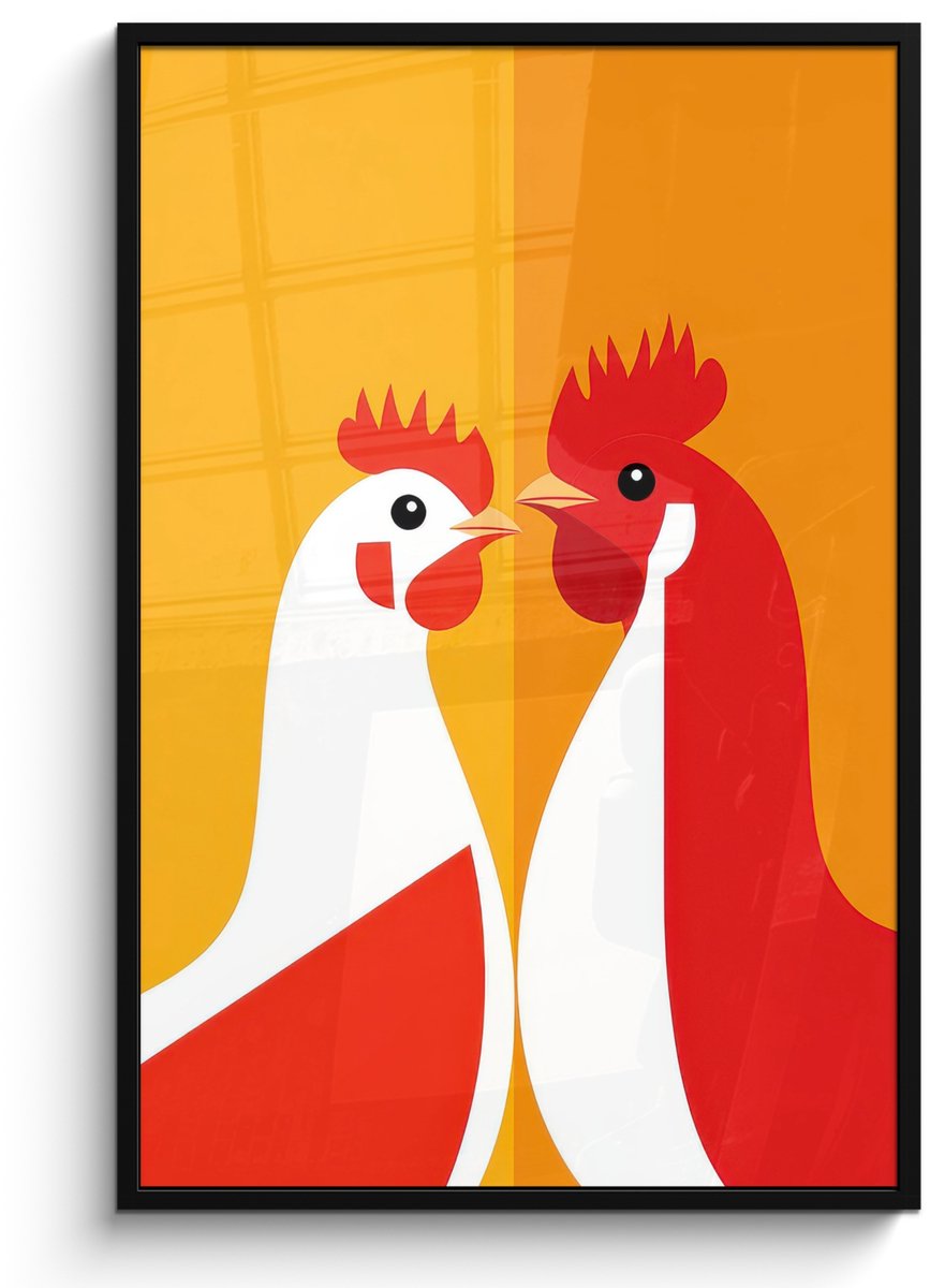 FrameYourWall Poster in lijst - Fotolijst 80x120 cm - Posters - Kippen - Oranje - Vlakken - Posterlijst zwart - Decoratie - Wanddecoratie woonkamer - Muurdecoratie slaapkamer