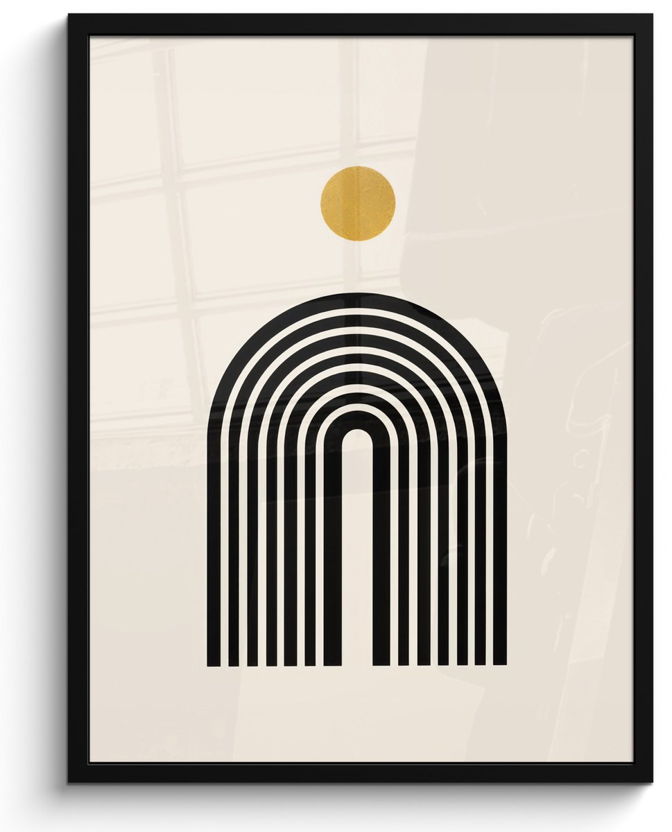 FrameYourWall Poster in lijst - Fotolijst 60x80 cm - Posters - Minimalistisch - Zwarte boog - Gouden cirkel - Posterlijst zwart - Decoratie - Wanddecoratie woonkamer - Muurdecoratie slaapkamer Boog - Cirkel