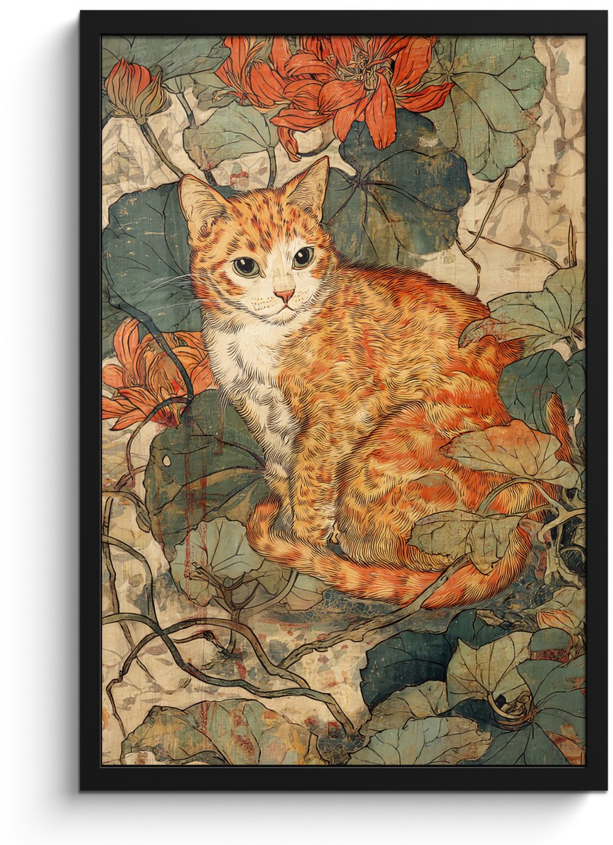FrameYourWall Poster in lijst - Fotolijst 40x60 cm - Posters - Kat - Sierlijk - Bloemen - Posterlijst zwart - Decoratie - Wanddecoratie woonkamer - Muurdecoratie slaapkamer Kat - Bloemen