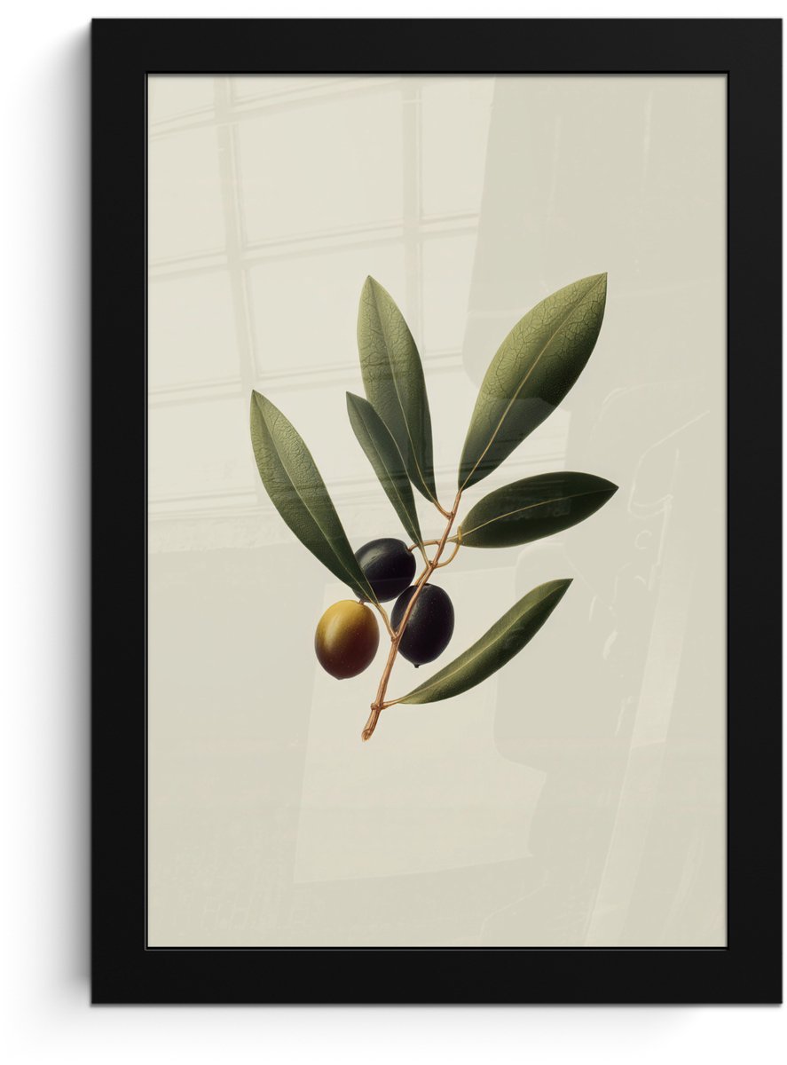 FrameYourWall Poster in lijst - Fotolijst 20x30 cm - Posters - Olijftak - Donkergroen - Olijven - Posterlijst zwart - Decoratie - Wanddecoratie woonkamer - Muurdecoratie slaapkamer