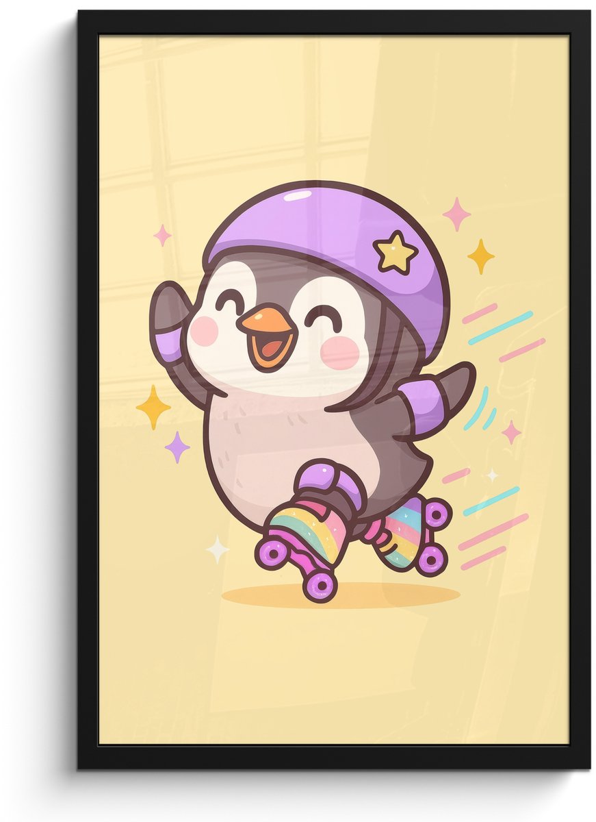 FrameYourWall Poster in lijst - Fotolijst 40x60 cm - Posters - Pinguïn - Rolschaatsen - Geel - Energiek - Posterlijst zwart - Decoratie - Wanddecoratie woonkamer - Muurdecoratie slaapkamer
