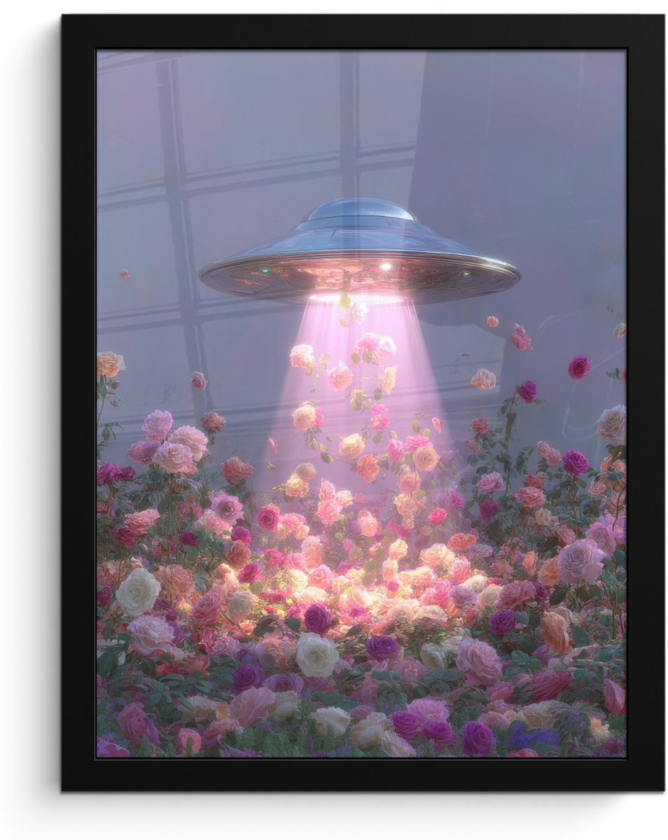 FrameYourWall Poster in lijst - Fotolijst 30x40 cm - Posters - Ufo - Rozen - Pastelkleuren - Posterlijst zwart - Decoratie - Wanddecoratie woonkamer - Muurdecoratie slaapkamer