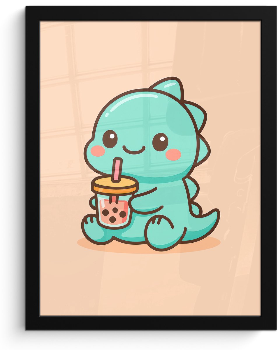 FrameYourWall Poster in lijst - Fotolijst 30x40 cm - Posters - Dino - Boba - kawaii - Oranje - Posterlijst zwart - Decoratie - Wanddecoratie woonkamer - Muurdecoratie slaapkamer