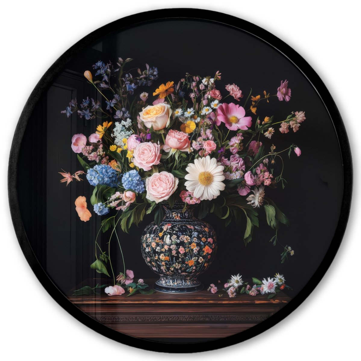 FrameYourWall Poster in lijst Rond - Fotolijst 40x40 cm - Posters - Bloemenvaas - Hout - Bloemen - Boeket - Ronde posterlijst zwart - Decoratie - Wanddecoratie woonkamer - Muurdecoratie slaapkamer