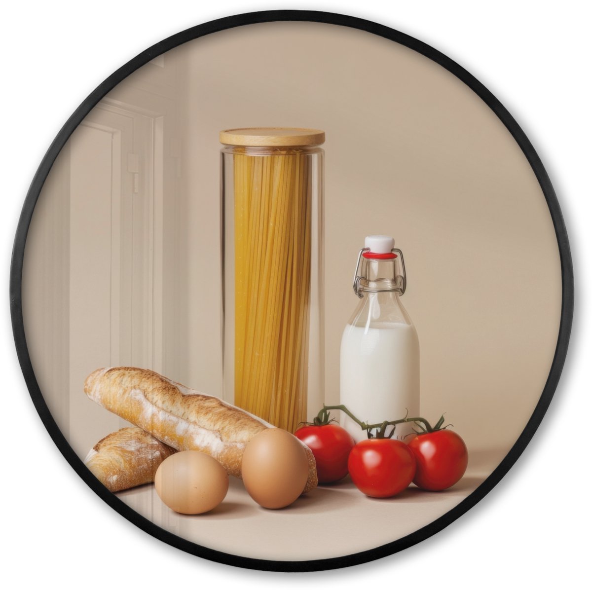 FrameYourWall Poster in lijst Rond - Fotolijst 80x80 cm - Posters - Spaghetti - Melk - Tomaten - Eieren - Brood - Ronde posterlijst zwart - Decoratie - Wanddecoratie woonkamer - Muurdecoratie slaapkamer