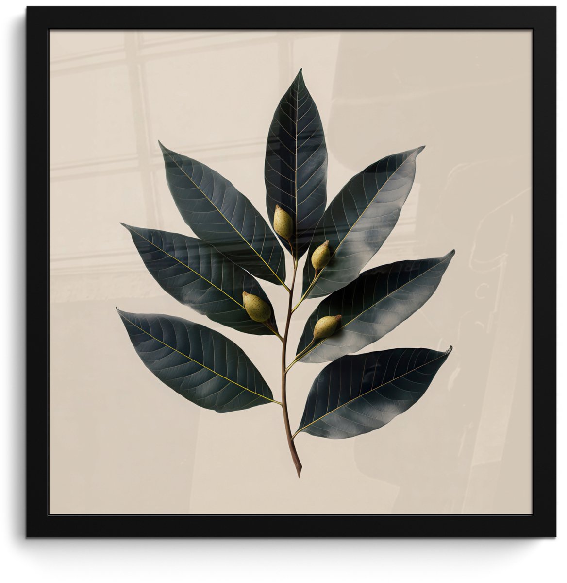 FrameYourWall Poster in lijst - Fotolijst 40x40 cm - Posters - Laurierbladeren - Bloemknoppen - subtiel - Posterlijst zwart - Decoratie - Wanddecoratie woonkamer - Muurdecoratie slaapkamer