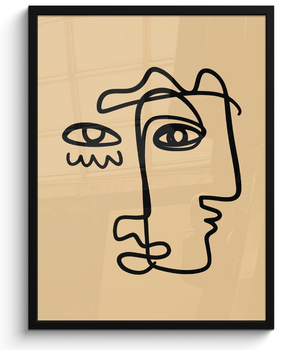 FrameYourWall Poster in lijst - Fotolijst 60x80 cm - Posters - Overlappende profielen - Lichtbruin - Zwart - Posterlijst zwart - Decoratie - Wanddecoratie woonkamer - Muurdecoratie slaapkamer Gezichten - Overlappend