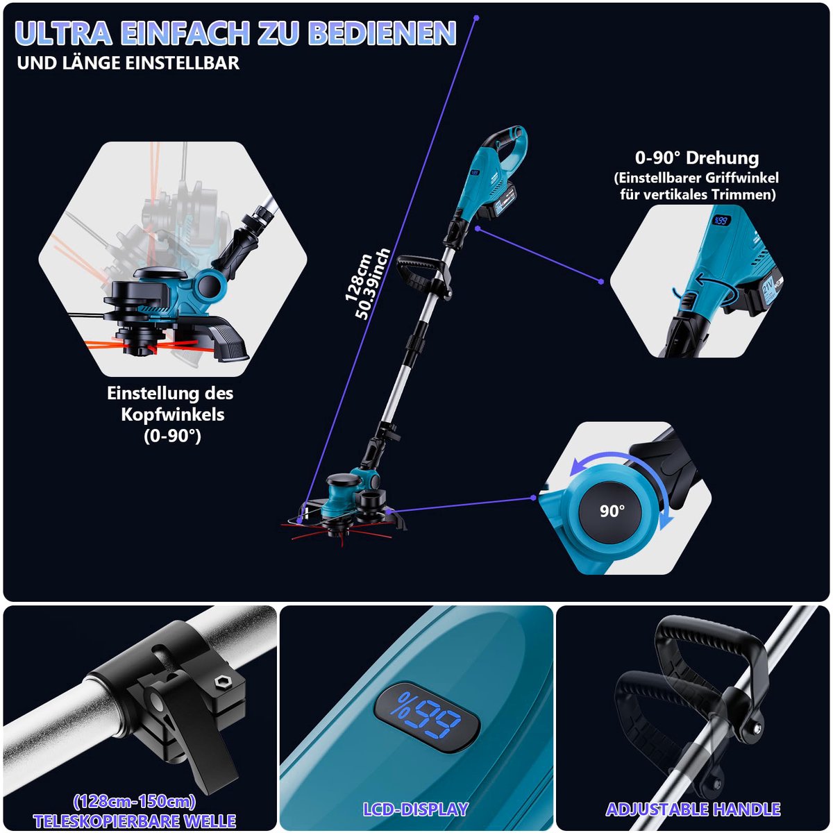 1000W Accu Grastrimmer - 4-in-1 Kantenmaaier – 26cm Snijdiameter – Bosmaaier – Grasmaaier – Draadloos & Elektrisch - Borstelloze Motor – Trimmer met 2x 4000mAh Accu en Lader – Uittrekbare Handgreep, Kantelbare Kop – Voor Gazon/Tuinklussen – foto 4