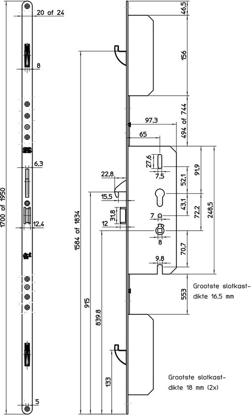 Technische tekening van een meerpuntssluiting met afmetingen en details.