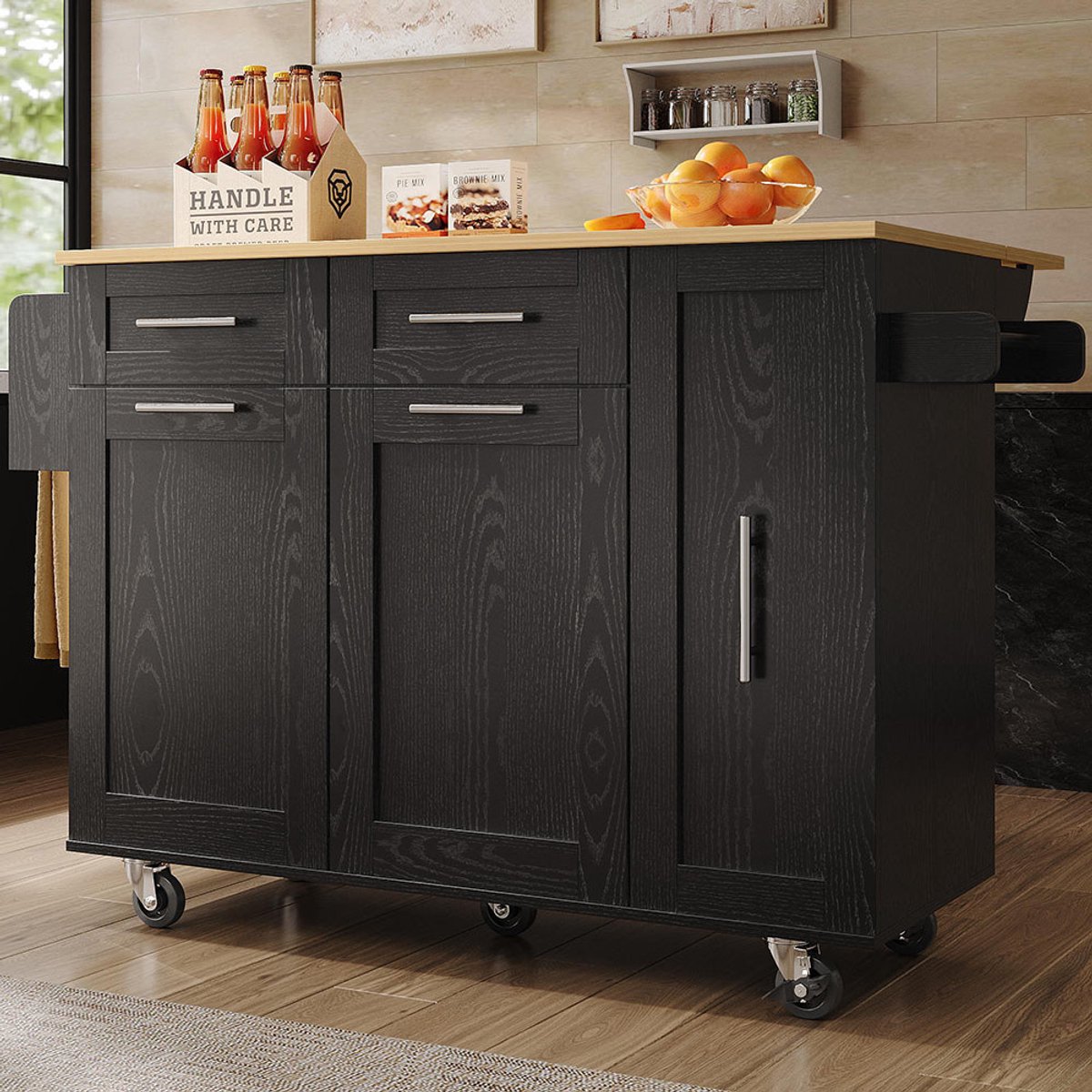 BLACKCOLORS Modern kookeiland, keukenkast, buffetkast, serveerwagen met houtnerf, multifunctionele eettafel met opbergruimte, serveerwagen met snackrekken en uitschuifbare functionele kasten, zwart