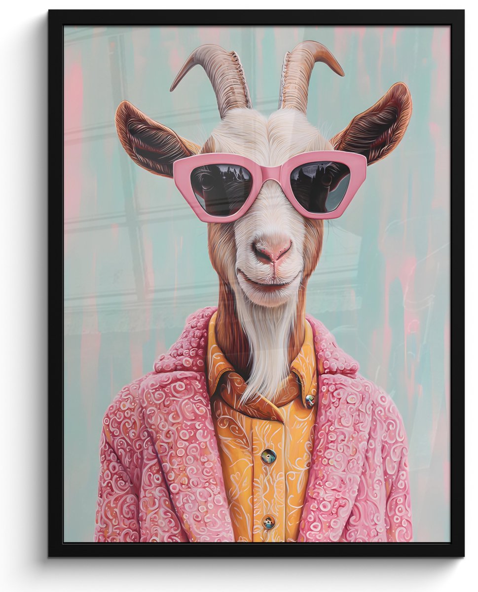 FrameYourWall Poster in lijst - Fotolijst 60x80 cm - Posters - Zonnebril - Roze - Geit - Horen - Posterlijst zwart - Decoratie - Wanddecoratie woonkamer - Muurdecoratie slaapkamer