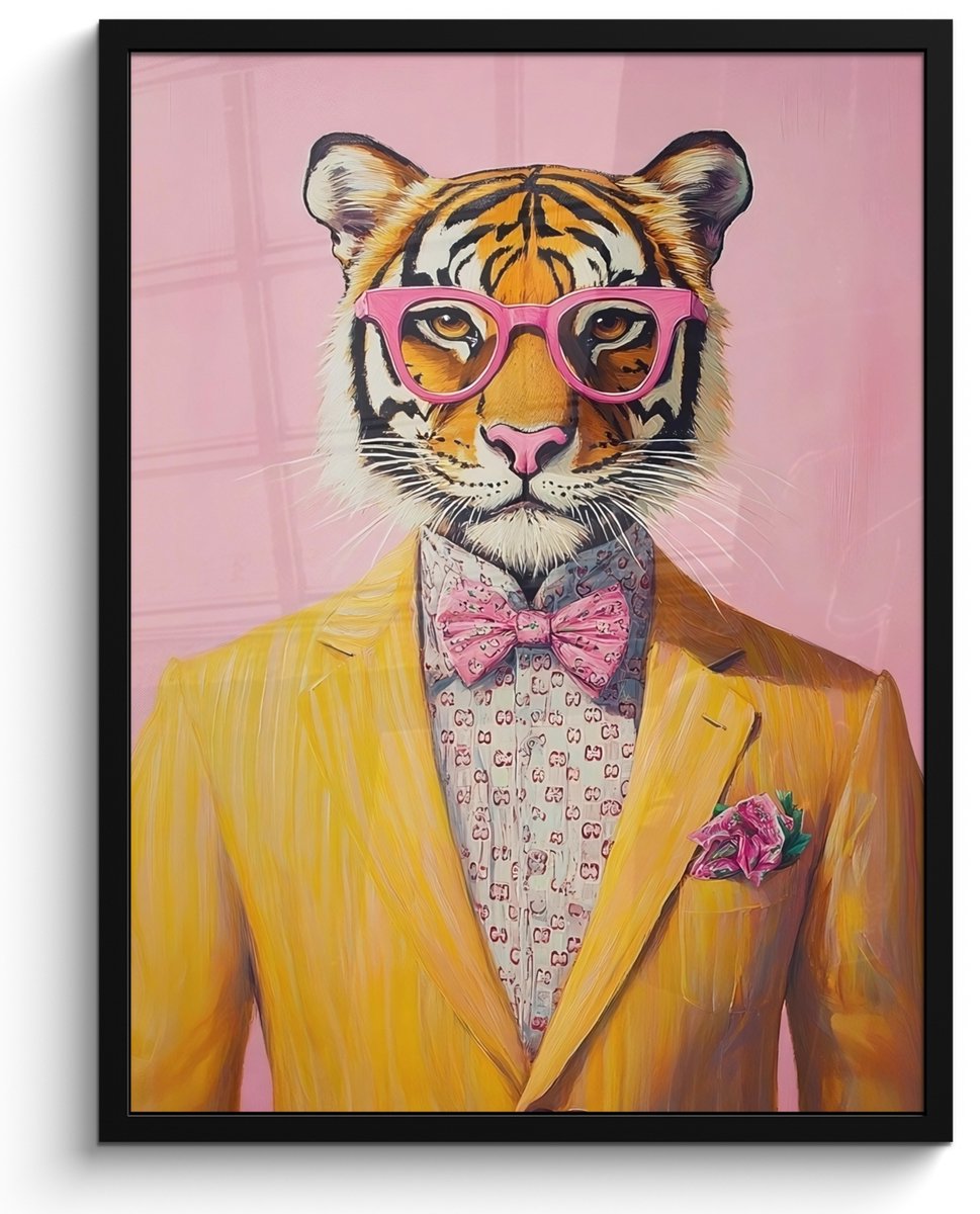 FrameYourWall Poster in lijst - Fotolijst 60x80 cm - Posters - Tijger - Bril - Geel - Jasje - Posterlijst zwart - Decoratie - Wanddecoratie woonkamer - Muurdecoratie slaapkamer