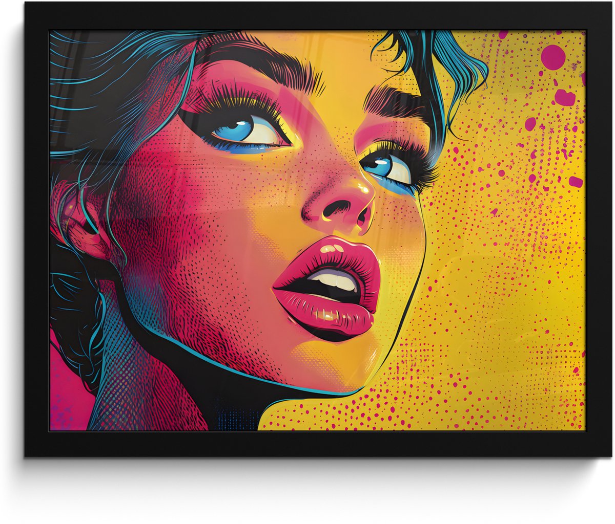 FrameYourWall Poster in lijst - Fotolijst 40x30 cm - Posters - Close-up - Vrouwengezicht - Stippen - Geel - Posterlijst zwart - Decoratie - Wanddecoratie woonkamer - Muurdecoratie slaapkamer Gezicht - Vrouw
